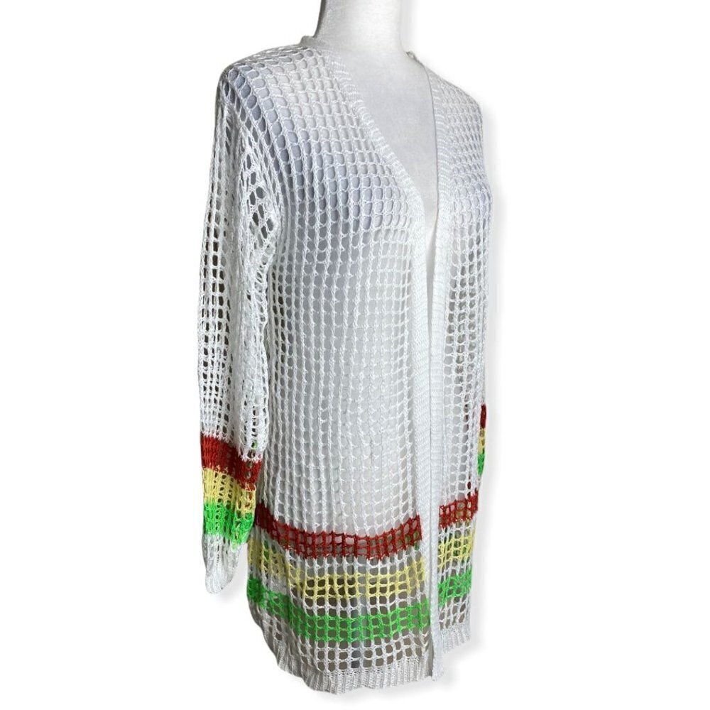 Crochet SWIM COVER UP NEW Boho Gypsy Beach Princess White Striped Womens Size L - Picture 7 of 13